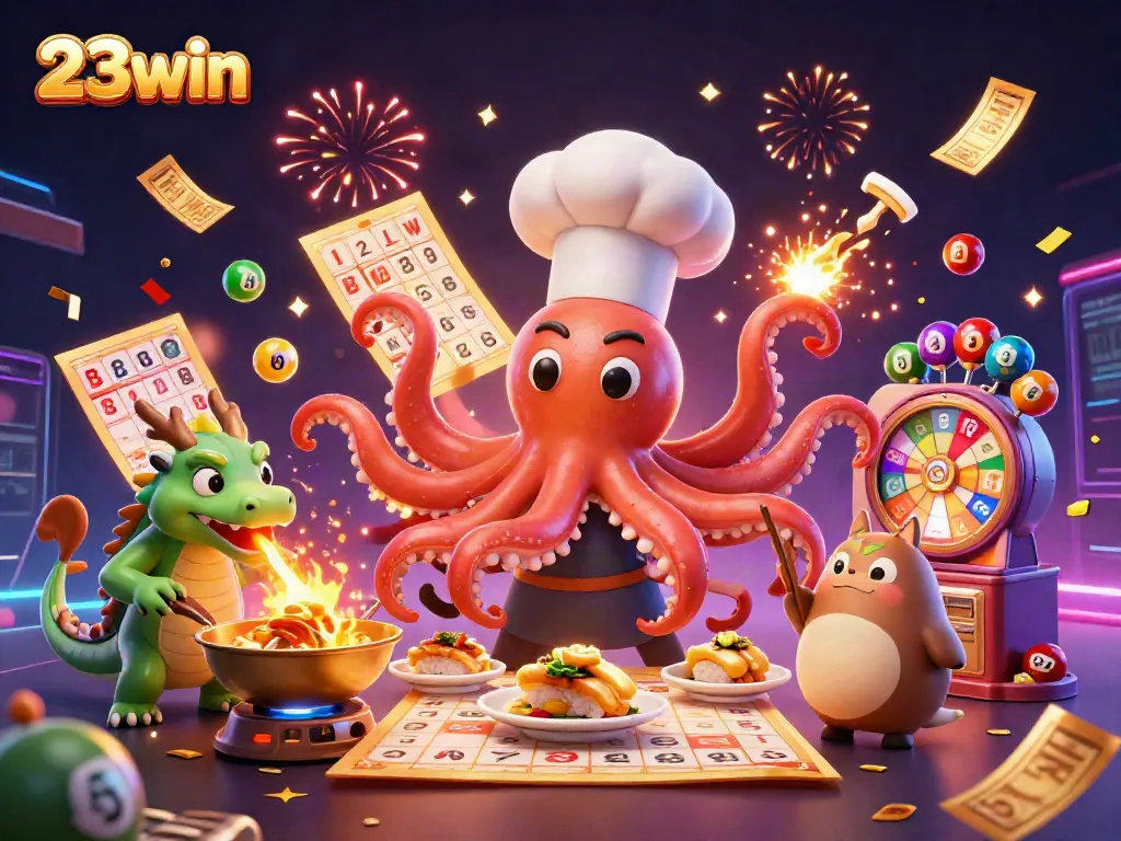 A dynamic scene showcasing an octopus chef, wasabi dragon, and tanuki customer celebrating at 23win's casino with colorful elements.