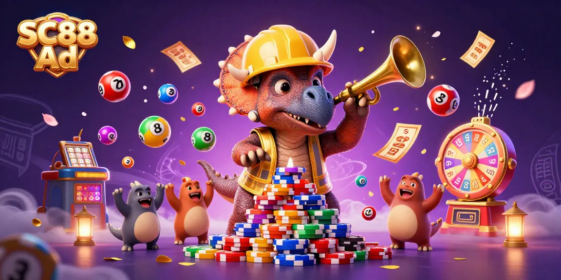 Celebrate winning with SC88 Ad in a vibrant 3D casino illustration featuring gaming elements.