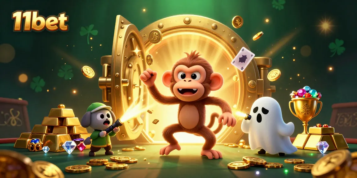 Engage with the vibrant world of 11bet, where a mischievous poltergeist monkey juggles treasures in a haunted casino.