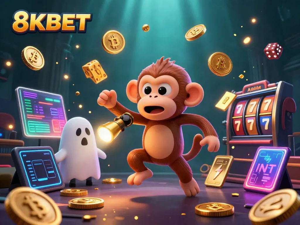 Experience the vibrant energy of 8KBET with a poltergeist monkey juggling casino elements in a haunted setting.