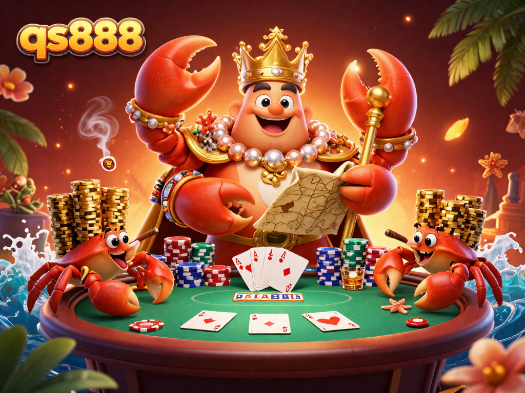 Experience thrilling gameplay at qs888, featuring a golden crab emperor and poker elements in a vibrant casino scene.