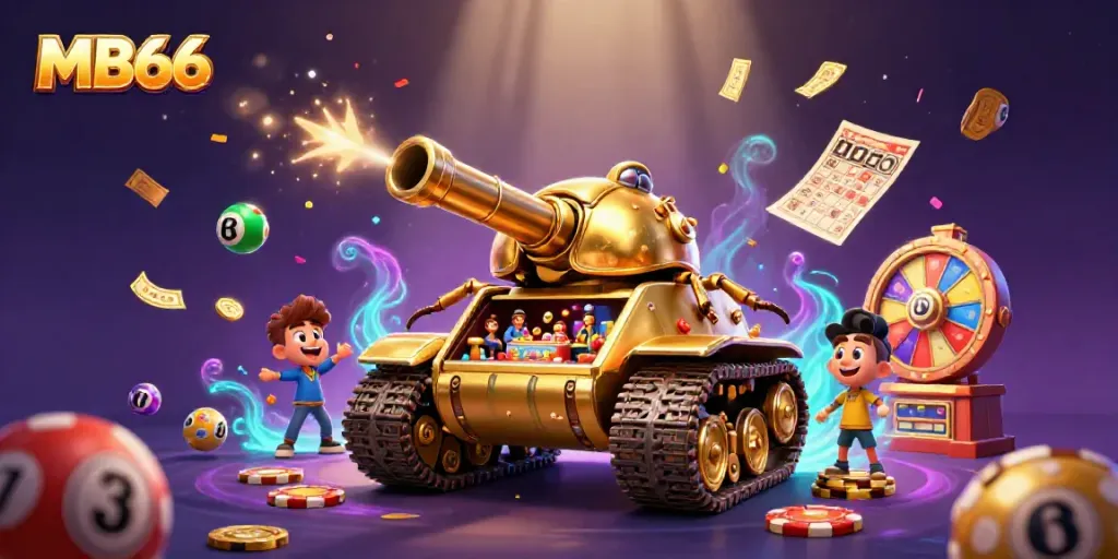 Experience the thrill of MB66 with a dynamic casino scene in a golden beetle tank, colorful lottery elements abound.