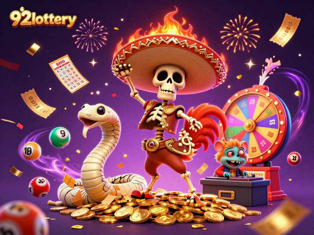 Celebrate winning at 92lottery with exciting lottery themed characters and vibrant game elements.
