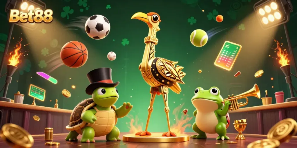 Experience thrilling gaming at Bet88 with vibrant 3D illustrations of casino excitement, sports, and winning moments.