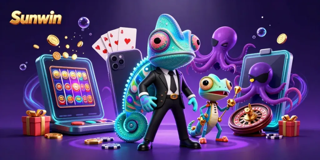 Experience the excitement of Sunwin with a dynamic casino scene featuring a secret agent chameleon and golden gadgets.