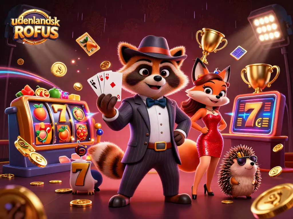 Engage with udenlandsk casino uden ROFUS featuring a charming raccoon and fox in an electrifying casino scene.