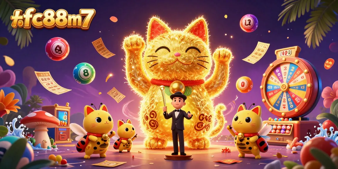 Engage with fc88m7's vibrant casino world by exploring a lucky cat illustration alive with game symbols.