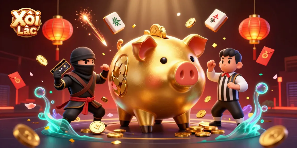 Xôi Lạc showcases exhilarating action with a golden piggy bank and dynamic gaming elements in a lively casino setting.