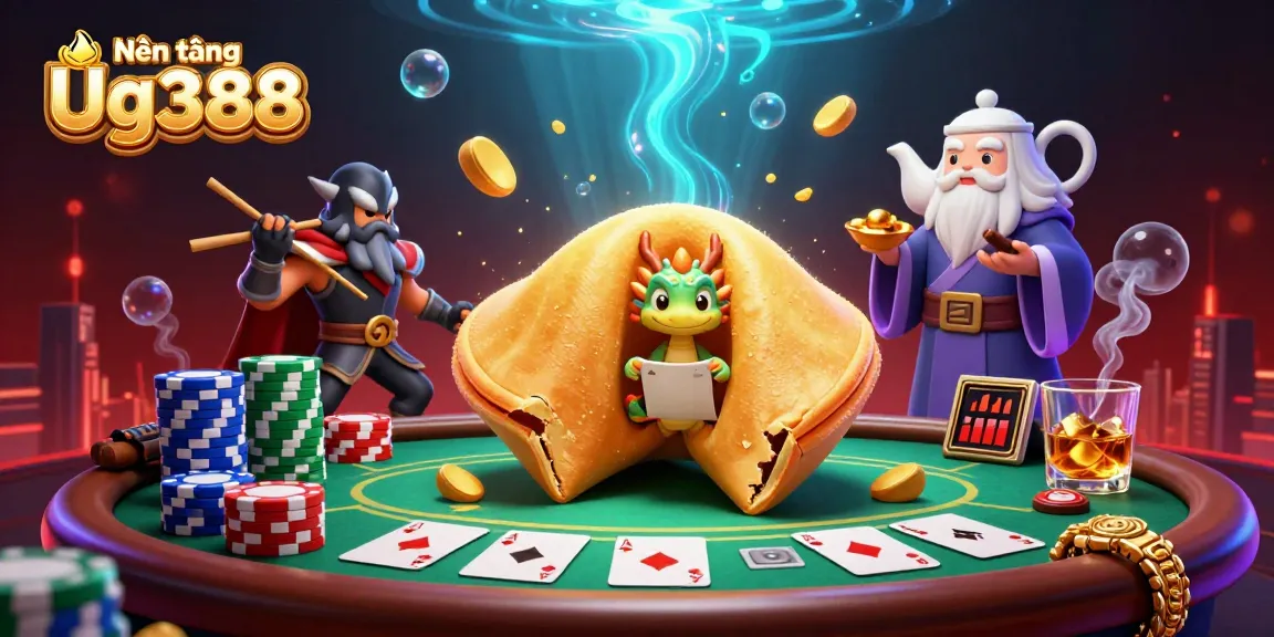 Nền tảng Ug388 offers thrilling gaming experiences with dynamic visuals of classic poker elements and fantasy characters.