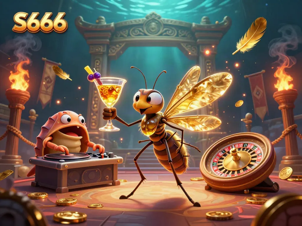 S666 casino illustration with a frozen mosquito mascot and a trilobite DJ in a golden roulette setting.