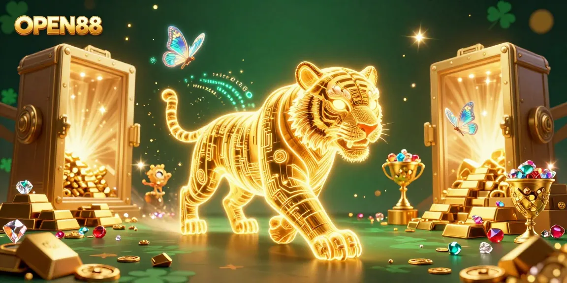 Engage in thrilling casino experiences with OPEN88 featuring a luminous golden tiger and holographic butterflies.