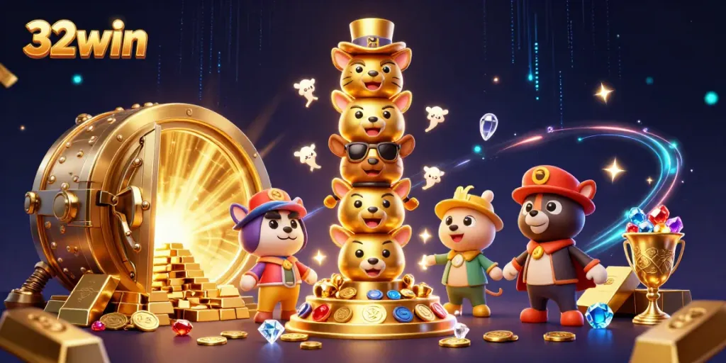 Join the exciting 32win casino adventure with a vibrant scene full of games and treasures.