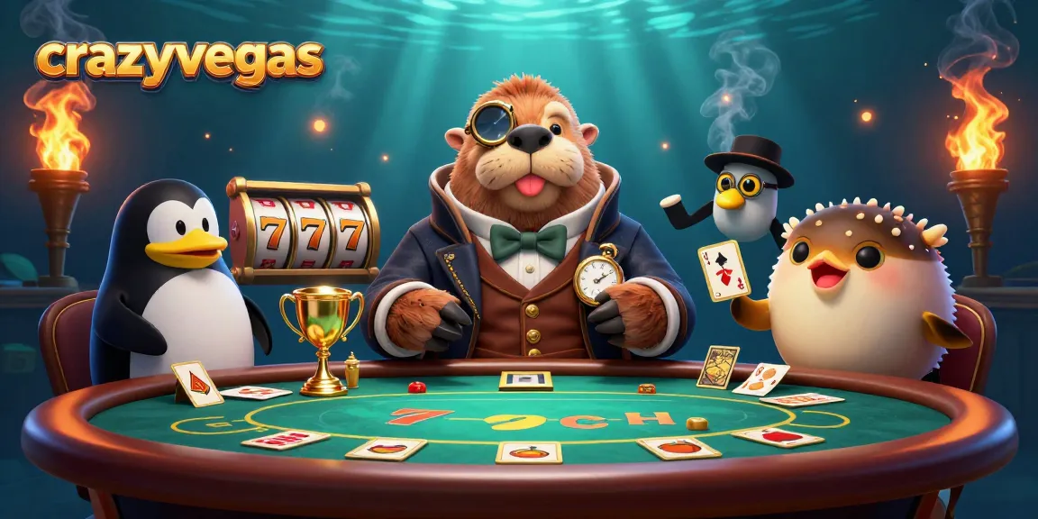 Engage in thrilling gameplay at crazyvegas with a jolly walrus and friends at an underwater poker table.