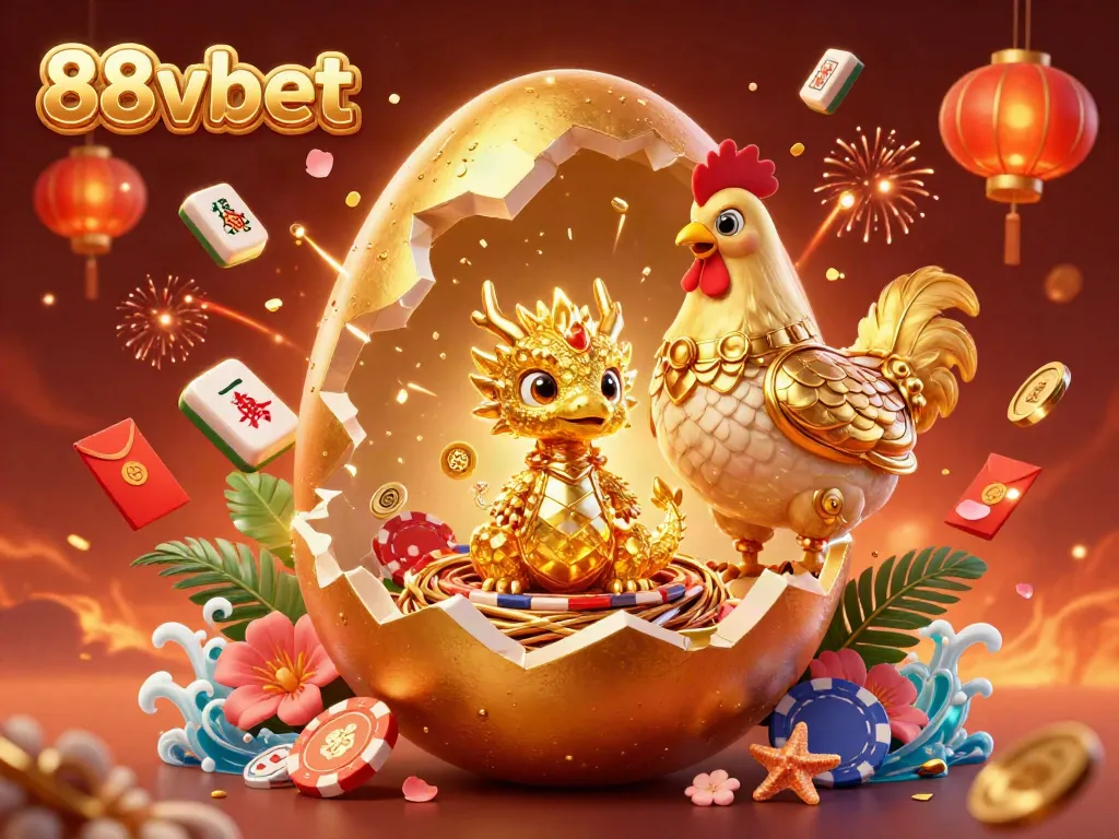 Experience the excitement of 88vbet with a glittering golden dragon amidst poker chips and festive elements.