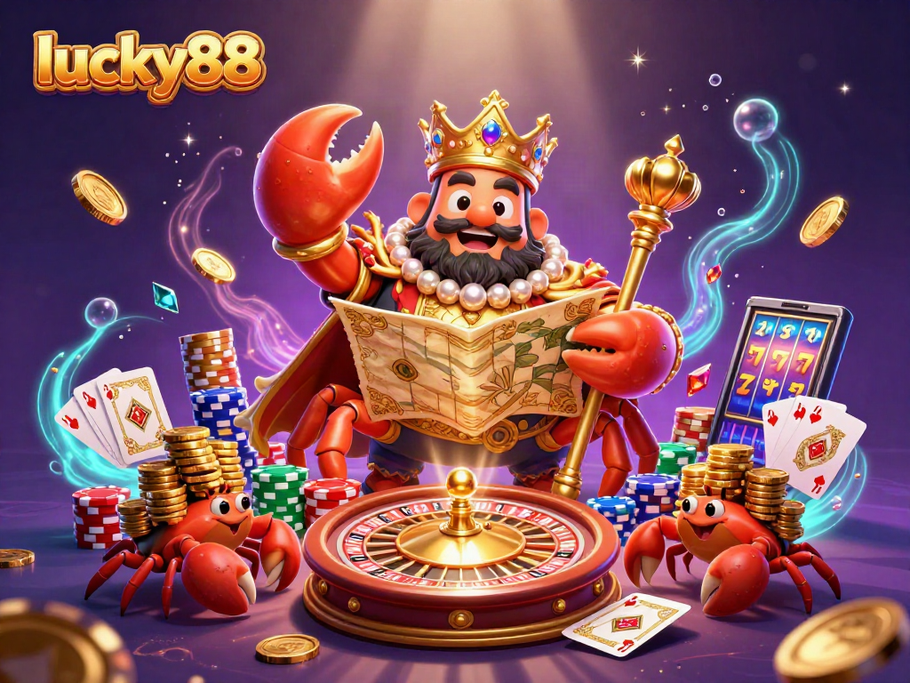 Engage with lucky88's vibrant 3D casino illustration featuring a golden crab emperor amidst dynamic gaming elements.