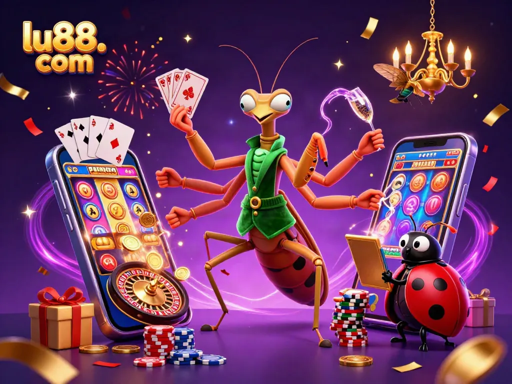Join the excitement at lu88. com with a vibrant casino illustration featuring dynamic characters, games, and winning moments.