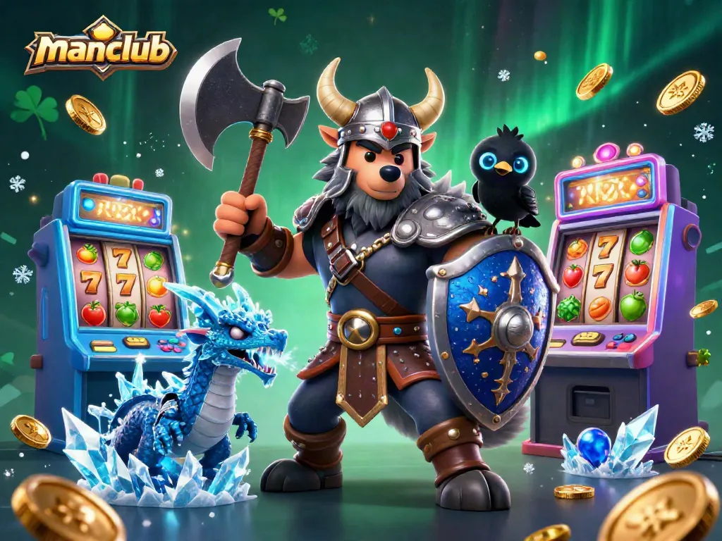 Engage in thrilling gameplay at manclub with 3D Viking warrior, dragon, and slot machines.