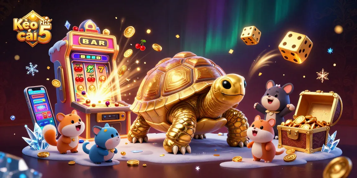 Engaging scene of Kèo nhà cái 5 showcasing a golden tortoise pinball machine with animals eager to play around dynamic casino elements.