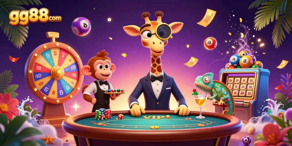 Engage with gg88com vibrant casino scene featuring a high-roller giraffe at a poker table.