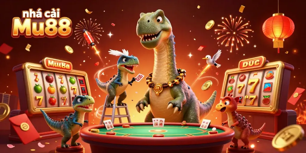 Engaging illustration of Nhà cái Mu88 featuring a towering brontosaurus and dynamic casino elements
