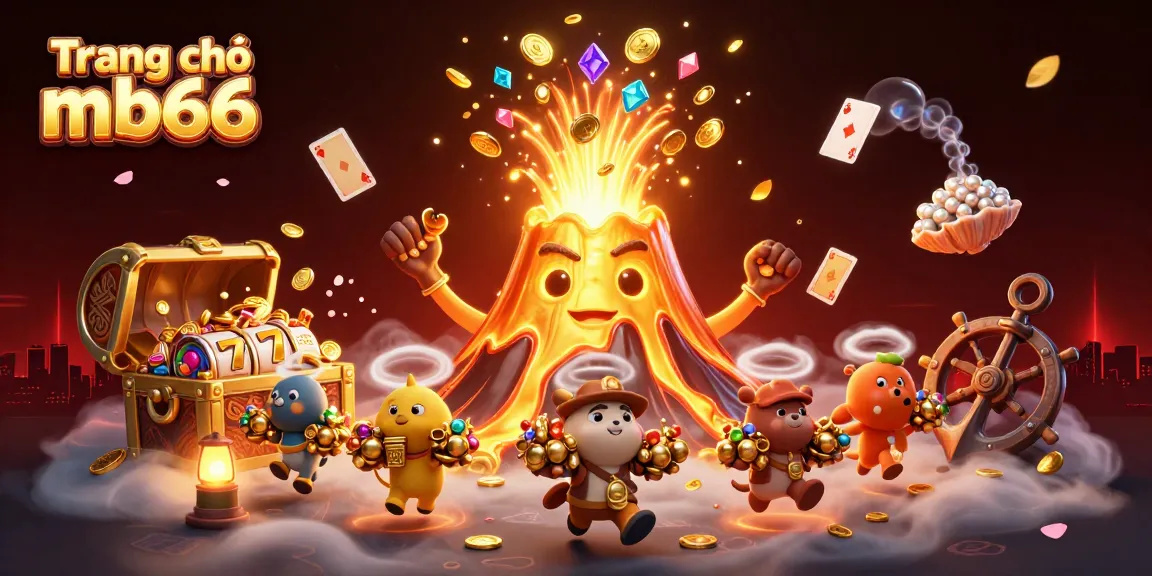 Experience the excitement at Trang chủ mb66 with a golden volcano erupting treasures in this vibrant 3D illustration.