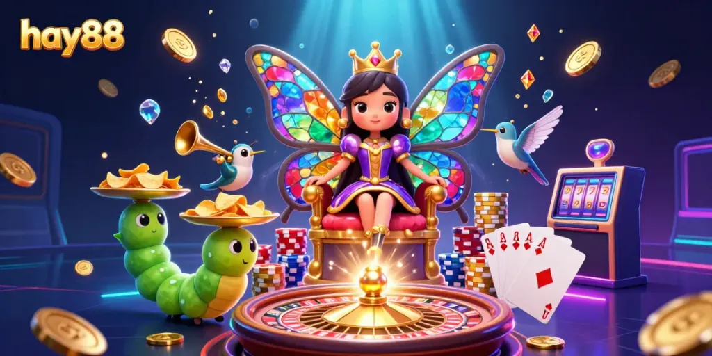 Experience the vibrant world of hay88 with a whimsical butterfly queen, dynamic casino elements, and dazzling treasures.