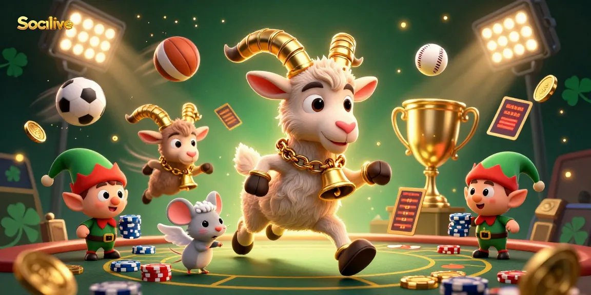 Socolive showcases a lively casino scene with Krampus, an angel mouse, and gremlins amidst dynamic sports imagery.