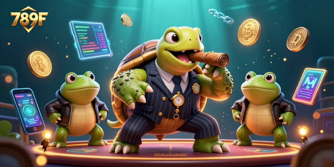 Engage with 789F's vibrant 3D casino scene featuring a snapping turtle and bullfrog enforcers amidst crypto elements.