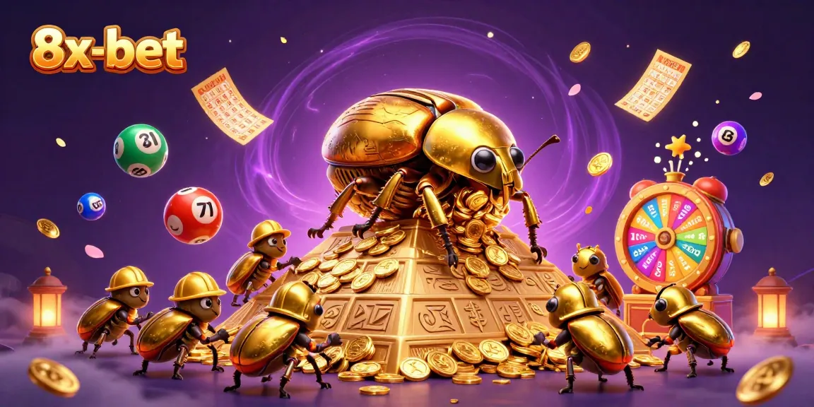Engage with the vibrant world of 8x-bet featuring a golden dung beetle amidst colorful lottery elements.