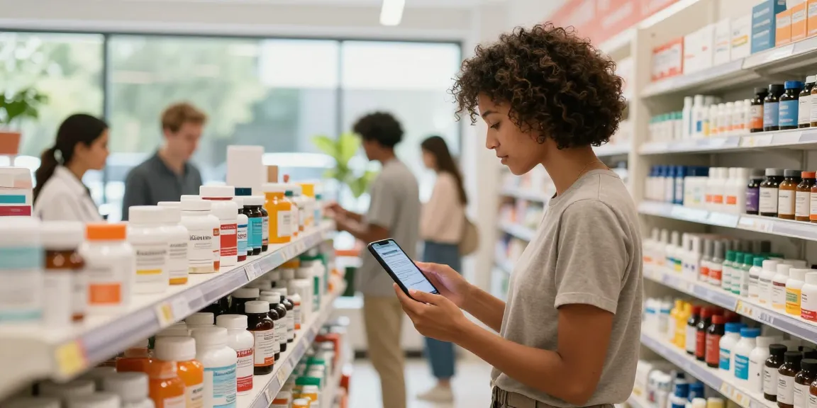 Bezoek aan Unique Pharma Shop met een klant die supplementen bekijkt in een moderne apotheek.