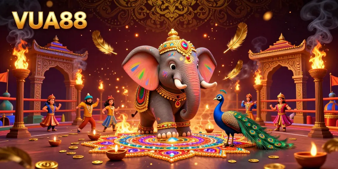 Experience the vibrant VUA88 casino scene with a Diwali-themed elephant and peacock amidst gold coins and dynamic elements.