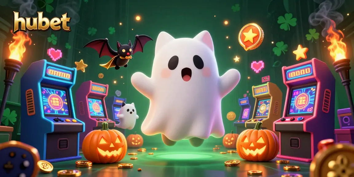 Experience fun gaming at hubet, featuring a ghost cat and vibrant casino elements in a haunted mansion.