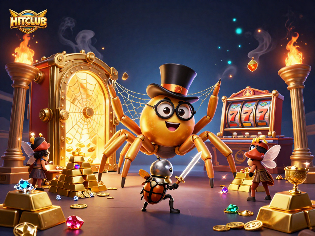 Engage with HITCLUB's thrilling gaming world featuring a golden tarantula and beetle knight in an exciting casino scene.