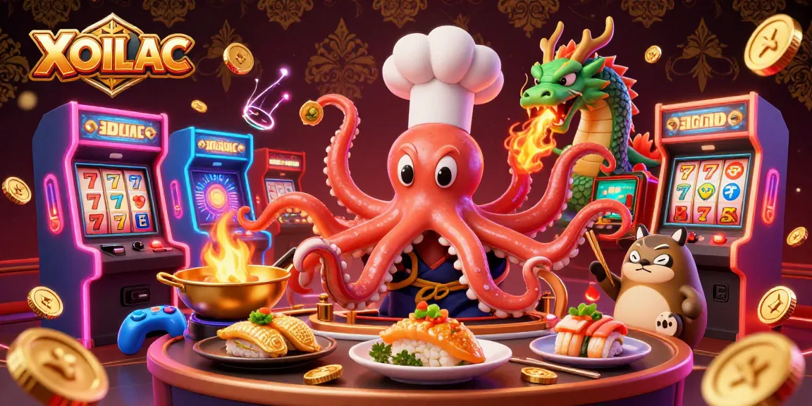 Experience XOILAC with a vibrant 3D scene showcasing cartoon gambling elements and characters.