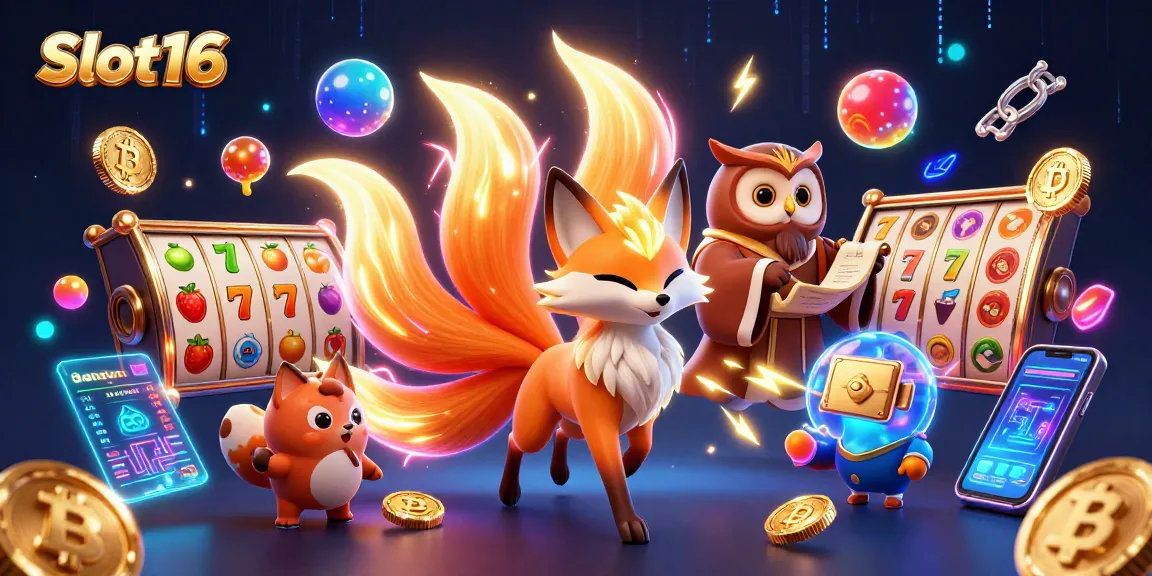 Experience the thrill of Slot16 with a vibrant 3D illustration of a nine-tailed fox and symbols.