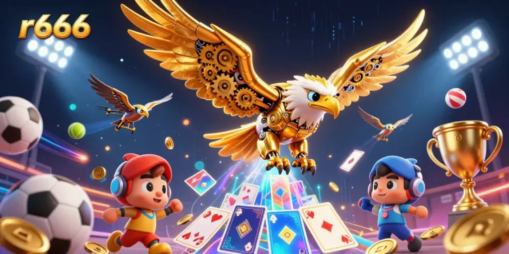 Experience thrilling sports action with r666 as a vibrant golden eagle flies among dynamic betting elements.