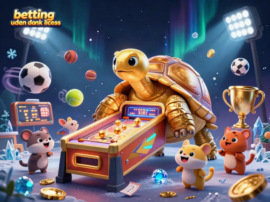 Engage with betting uden dansk licens through a vibrant scene featuring sports balls and a colossal tortoise.