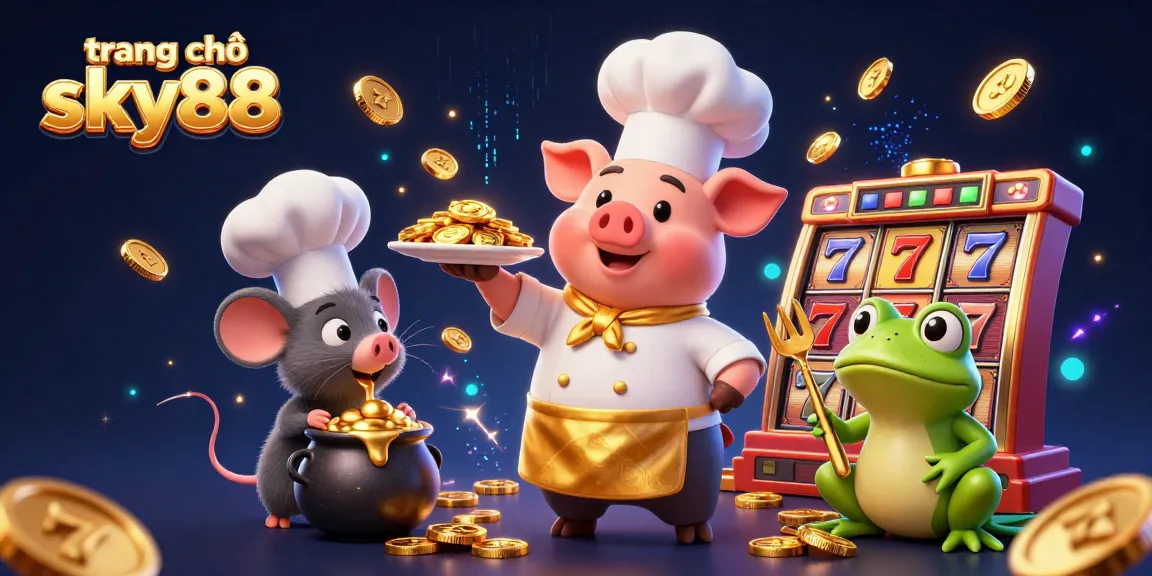 Spin to win at trang chủ sky88 with an exciting illustration featuring a pig chef, a mouse sous-chef, and a frog critic.