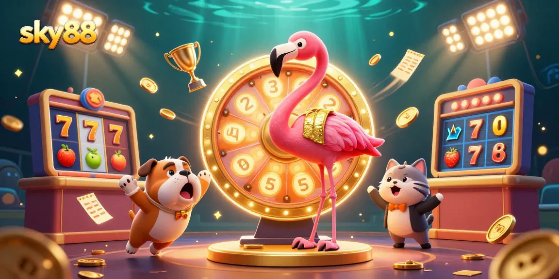 Join the excitement at sky88 as the flamingo host spins a prize wheel surrounded by casino elements.