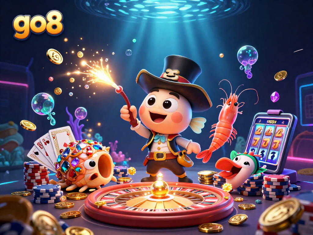 Win big at go8 with a vibrant scene of jackpots, golden coins, and thrilling casino action.