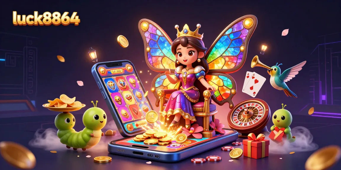 Engage with luck8864, featuring a vibrant 3D scene of a butterfly queen and casino elements, showcasing exciting gaming.