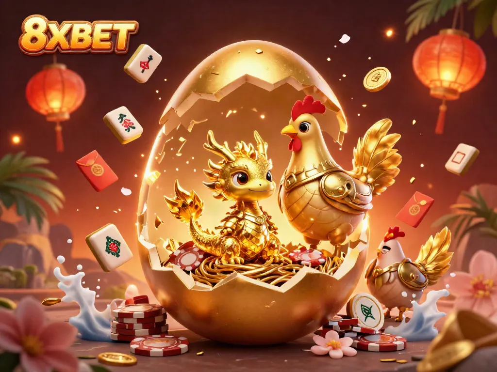 Experience thrilling gaming with the golden dragon at 8XBET, surrounded by vibrant casino symbols.