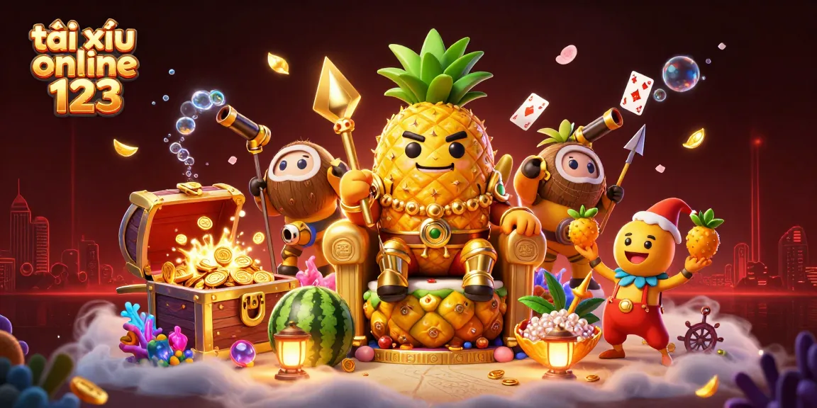 Engage with the vibrant casino scene featuring tài xỉu online 123, where the golden pineapple king and his companions celebrate winnings amidst floating treasures.