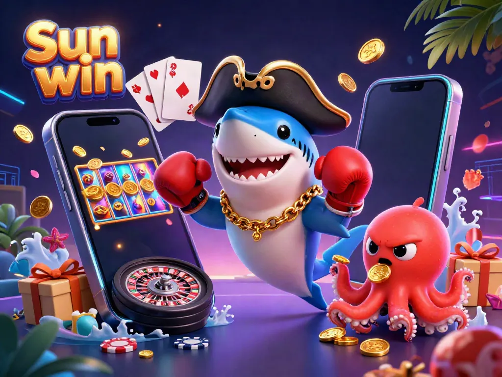 Experience thrilling slots excitement with Sun win in this vibrant 3D casino illustration packed with characters and game elements.
