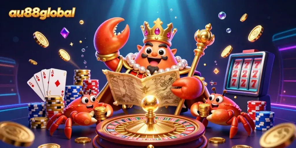 Experience growth and excitement with au88global's vibrant casino scene featuring a golden crab emperor and treasure.
