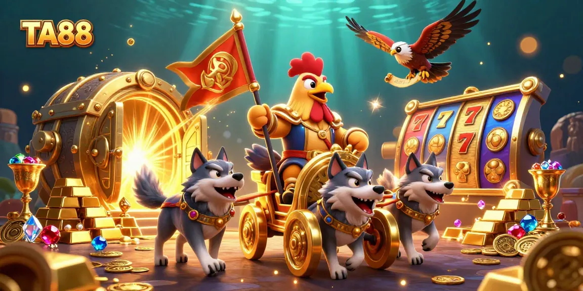 TA88 enhances slot excitement with a dynamic illustration of a chicken warlord amid treasure and gaming symbols.