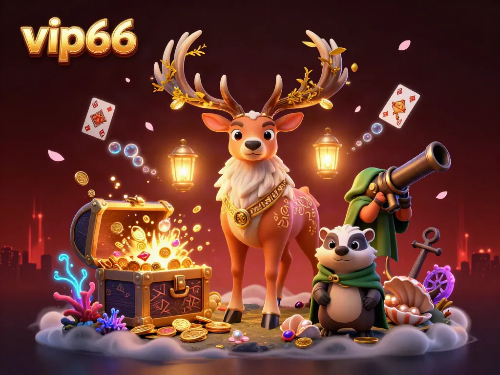 Engage with thrilling vip66 gameplay featuring a druid stag and wise badger amidst treasures.