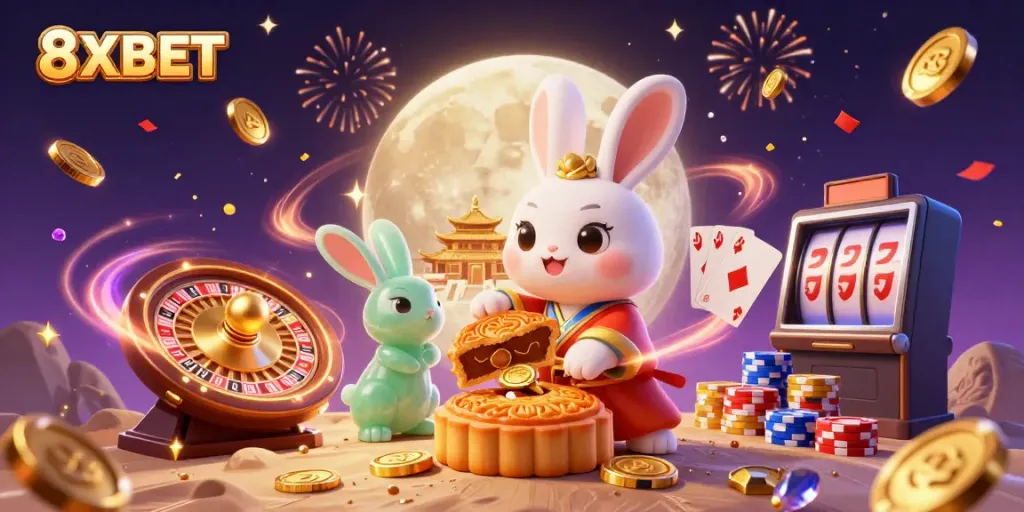 Experience the excitement of 8XBET with vibrant casino elements and playful characters in a rich lunar setting.