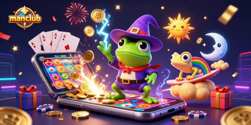 Engage in winning strategies with manclub’s vibrant casino gaming experience featuring colorful slot reels and energetic characters.