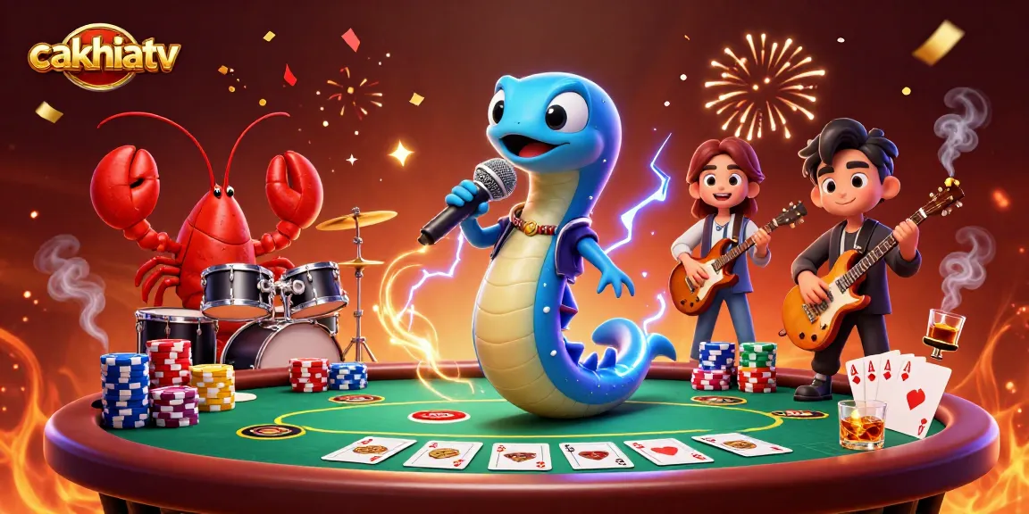 Cakhiatv showcases a vibrant underwater casino scene with a DJ electric eel surrounded by dynamic casino elements.